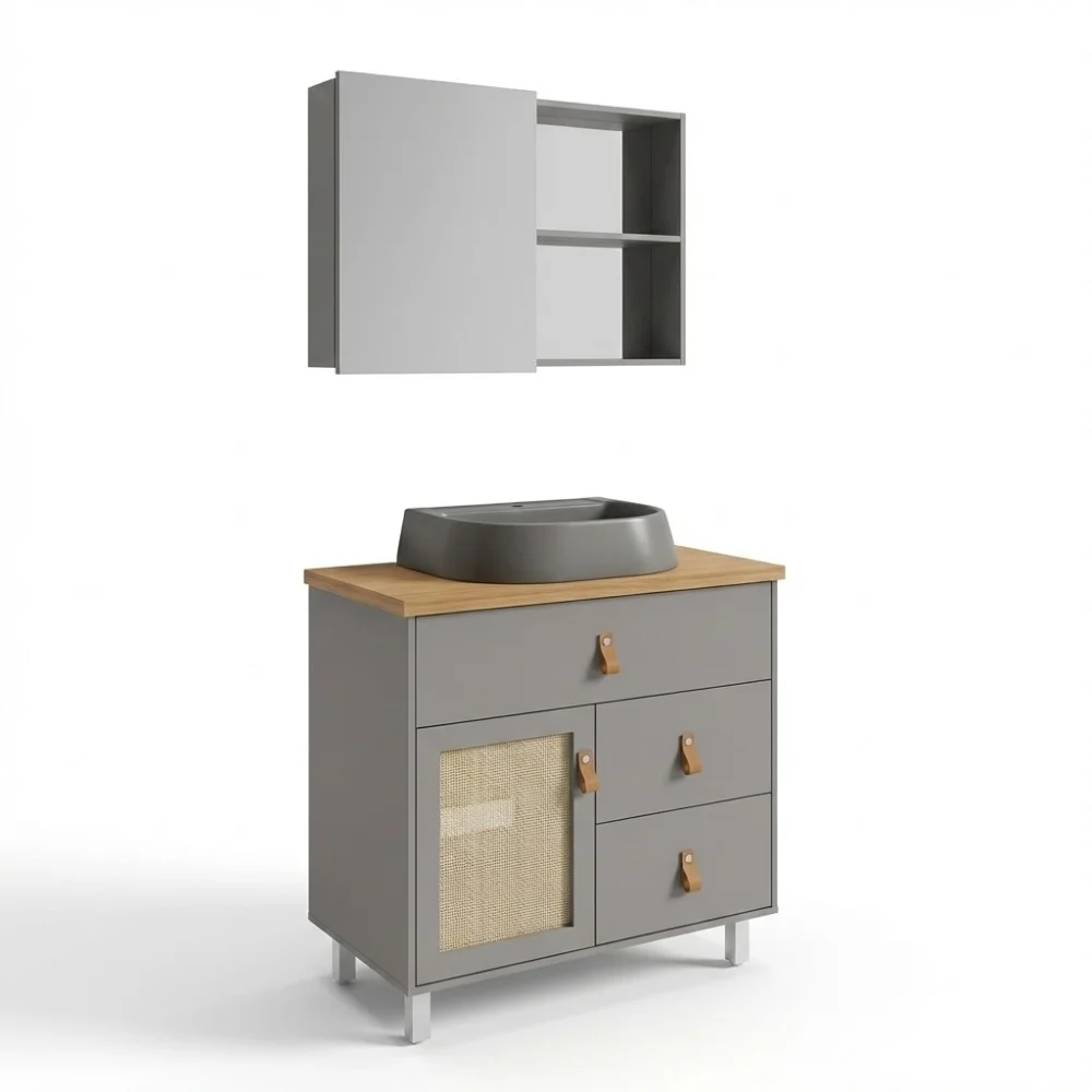 Gabinete para Banheiro com Cuba e Armário Espelheira Cinza/Amadeirado